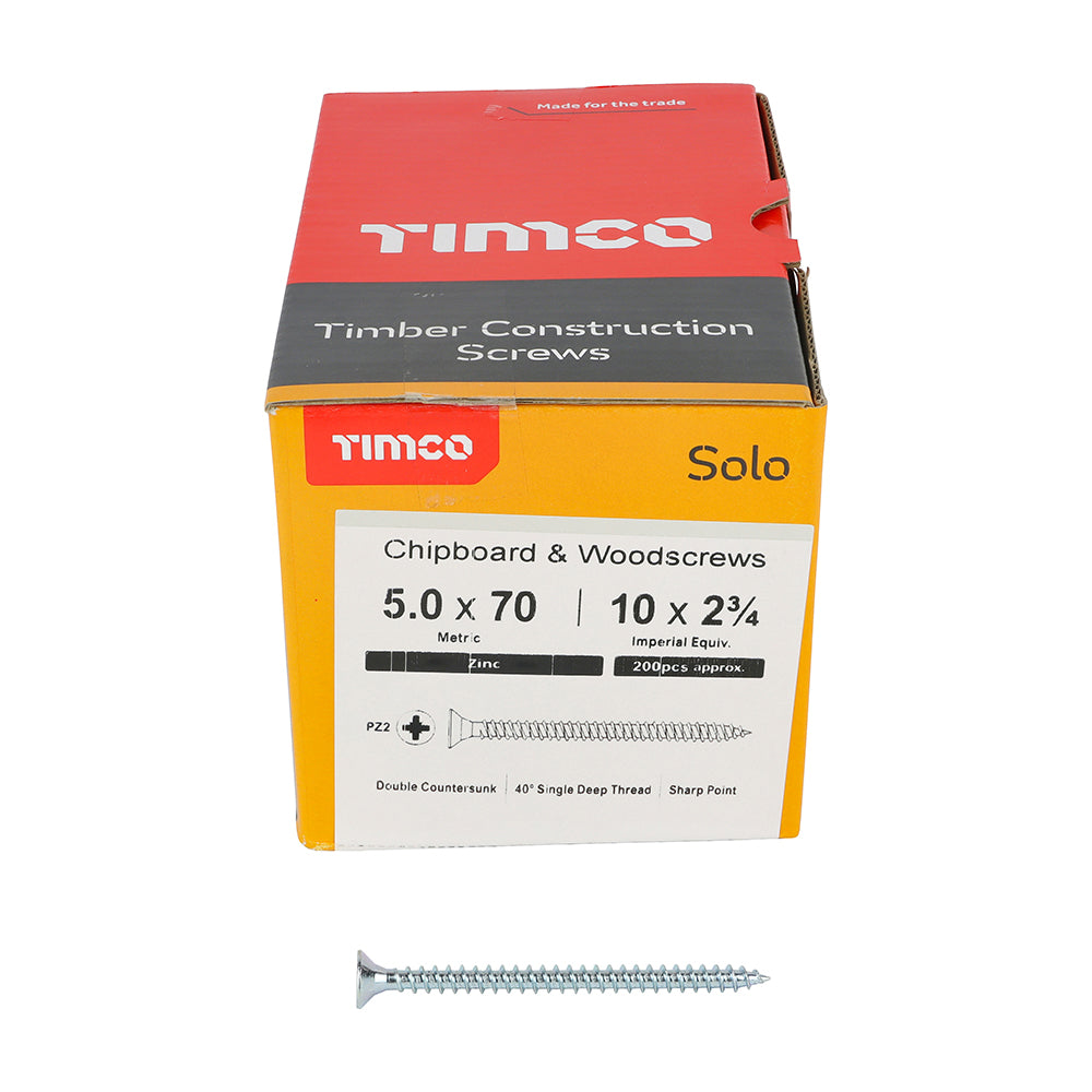This is an image of Timco - Solo Chipboard & Woodscrews - PZ - Double Countersunk - Zinc 5.0 x 70mm - (200 PCS Box) 50070SOLOZ