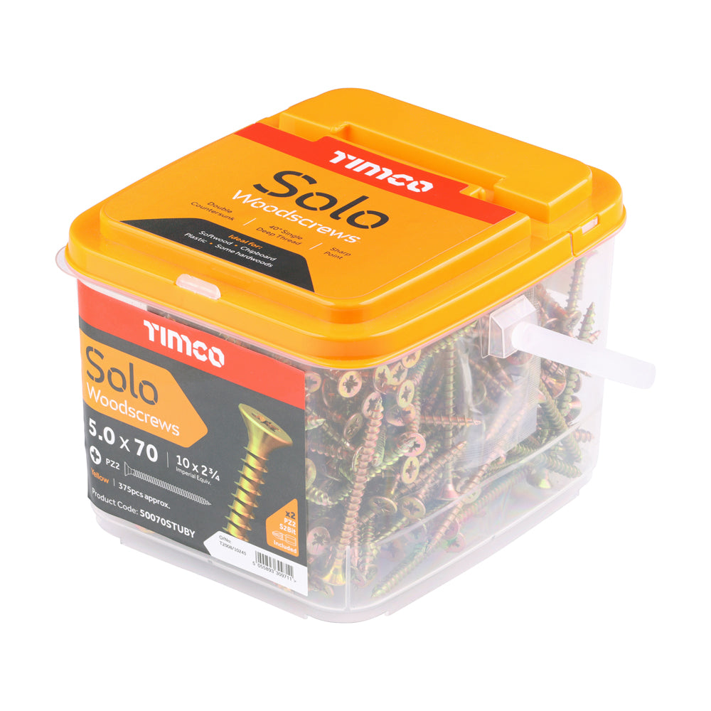 This is an image of Timco - Solo Woodscrews - PZ - Double Countersunk - Yellow 5.0 x 70mm - (375 PCS Tub) 50070STUBY