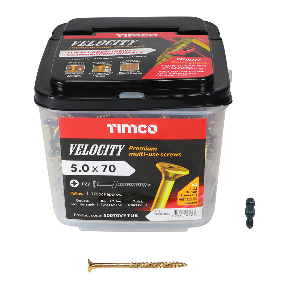 This is an image of Timco - Velocity Premium Multi-Use Screws - PZ - Double Countersunk - Yellow 5.0 x 70mm - (375 PCS Tub) 50070VYTUB