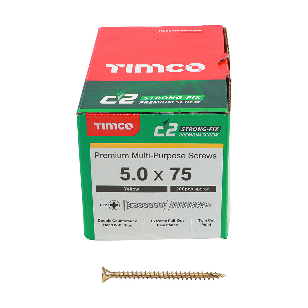 This is an image of Timco - C2 Strong-Fix Screws - PZ - Double Countersunk - Twin-Cut - Yellow 5.0 x 75mm - (200 PCS Box) 50075C2