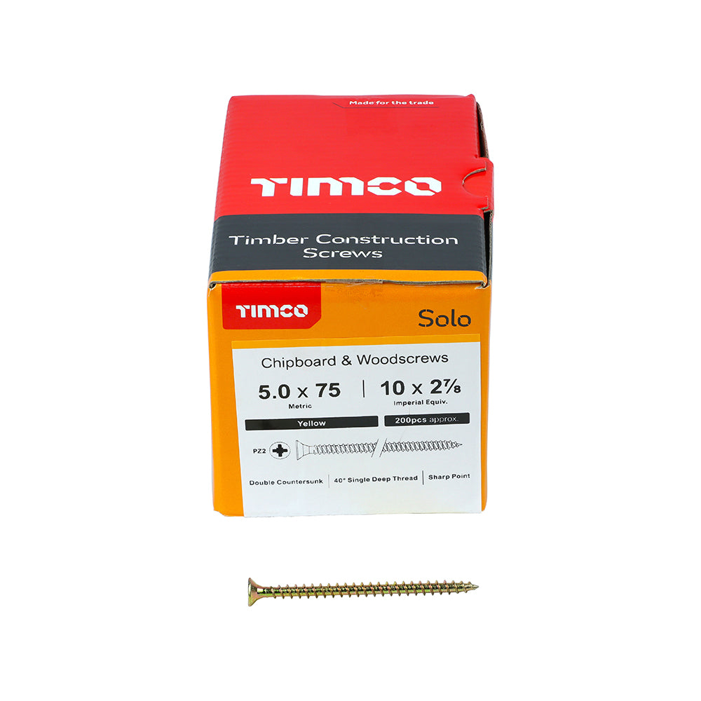 This is an image of Timco - Solo Chipboard & Woodscrews - PZ - Double Countersunk - Yellow 5.0 x 75mm - (200 PCS Box) 50075SOLOC