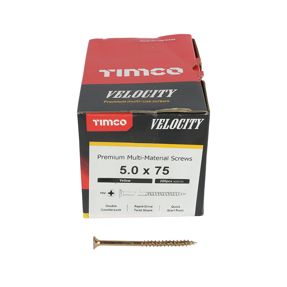 This is an image of Timco - Velocity Premium Multi-Use Screws - PZ - Double Countersunk - Yellow 5.0 x 75mm - (200 PCS Box) 50075VY