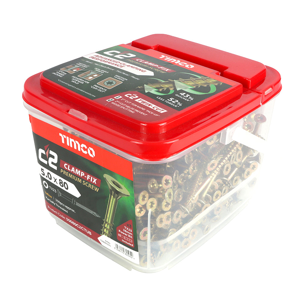 This is an image of Timco - C2 Clamp-Fix Screws - TX - Double Countersunk with Ribs - Twin-Cut - Yellow 5.0 x 80mm - (350 PCS Tub) 50080C2CTUB