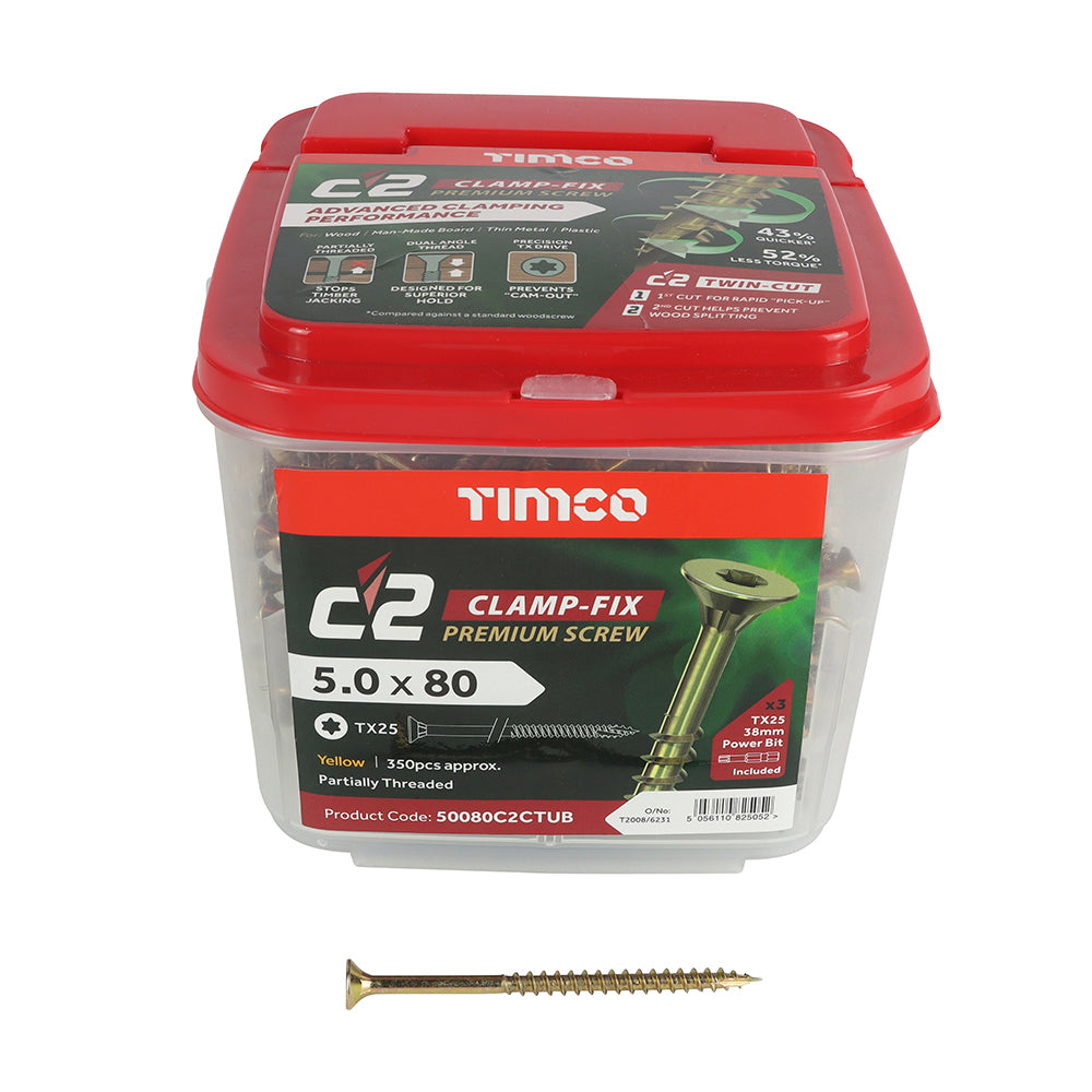 This is an image of Timco - C2 Clamp-Fix Screws - TX - Double Countersunk with Ribs - Twin-Cut - Yellow 5.0 x 80mm - (350 PCS Tub) 50080C2CTUB