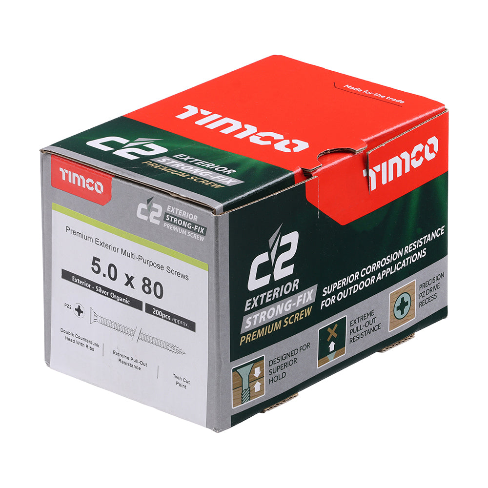 This is an image of Timco - C2 Exterior Strong-Fix Screws - PZ - Double Countersunk with Ribs - Twin-Cut - Silver 5.0 x 80mm - (200 PCS Box) 50080C2SBX