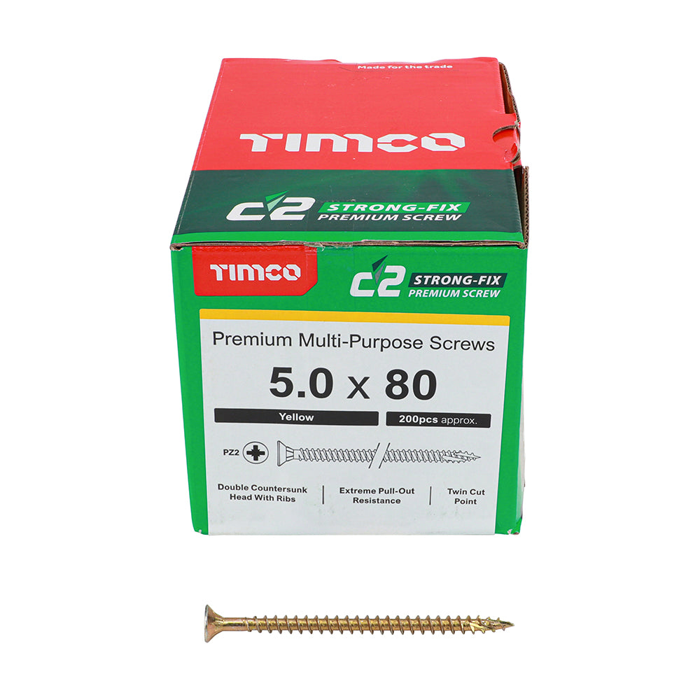 This is an image of Timco - C2 Strong-Fix Screws - PZ - Double Countersunk - Twin-Cut - Yellow 5.0 x 80mm - (200 PCS Box) 50080C2