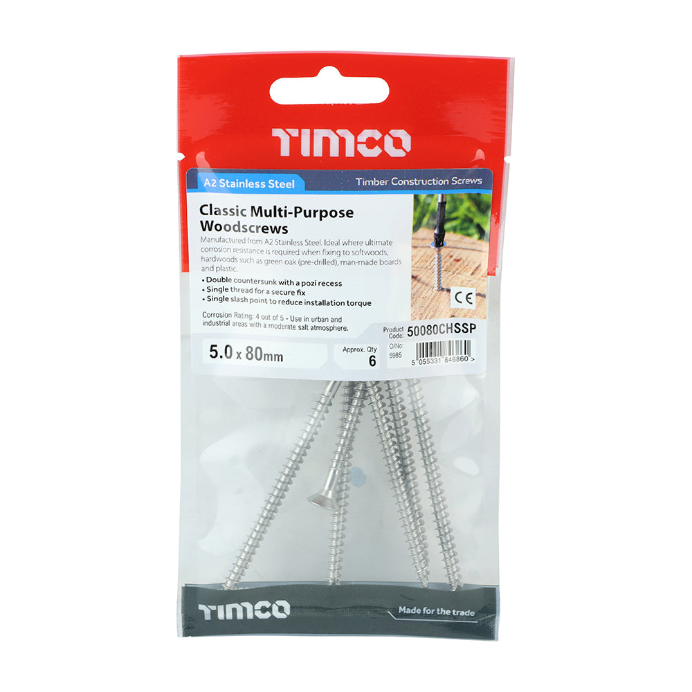 This is an image of Timco - Classic Multi-Purpose Screws - PZ - Double Countersunk - Stainless Steel 5.0 x 80mm - (6 PCS TIMpac) 50080CHSSP