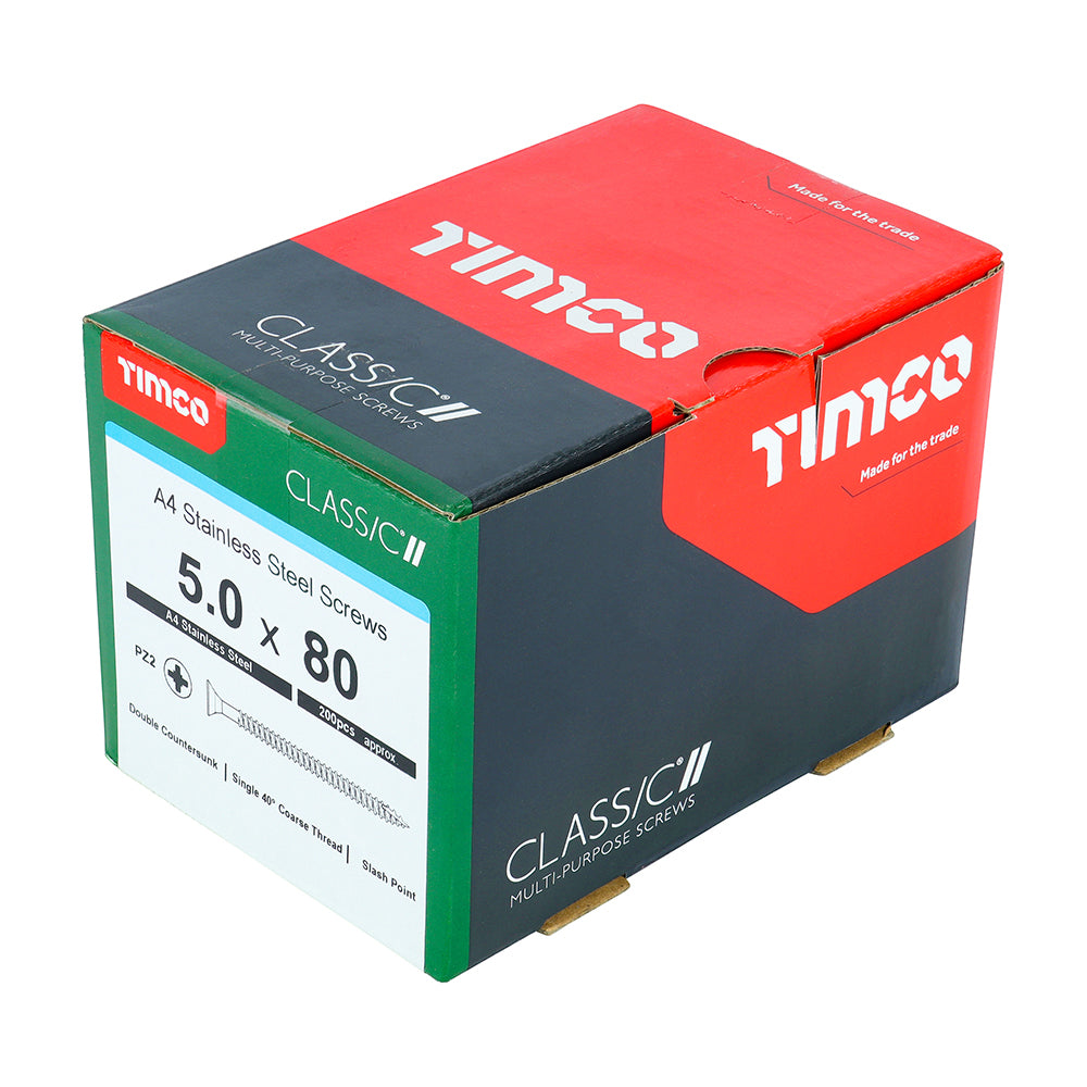 This is an image of Timco - Classic Multi-Purpose Screws - PZ - Double Countersunk - A4 Stainless Steel 5.0 x 80mm - (200 PCS Box) 50080CLA4