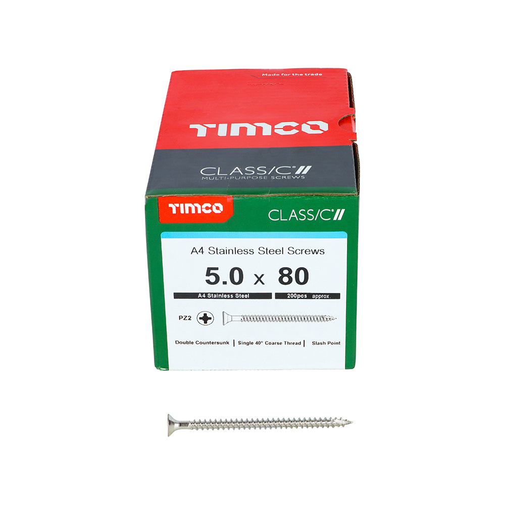 This is an image of Timco - Classic Multi-Purpose Screws - PZ - Double Countersunk - A4 Stainless Steel 5.0 x 80mm - (200 PCS Box) 50080CLA4