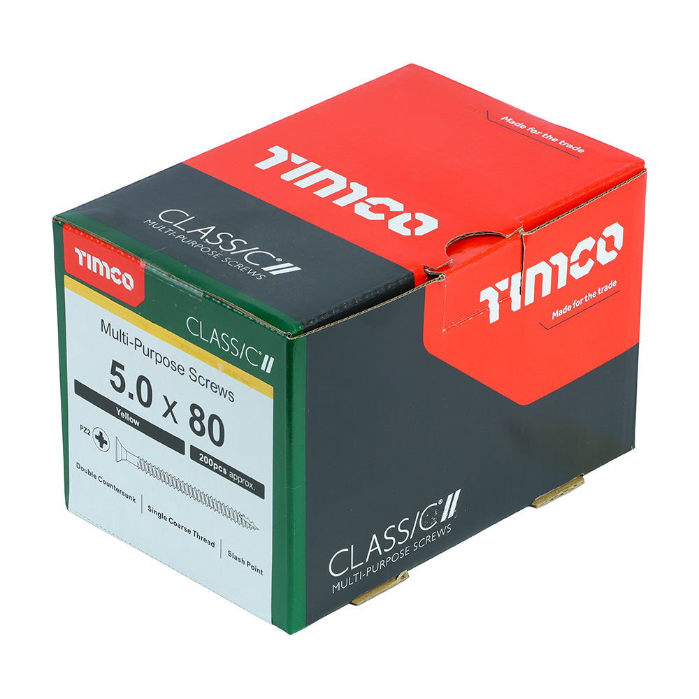 This is an image of Timco - Classic Multi-Purpose Screws - PZ - Double Countersunk - Yellow 5.0 x 80mm - (200 PCS Box) 50080CLAF