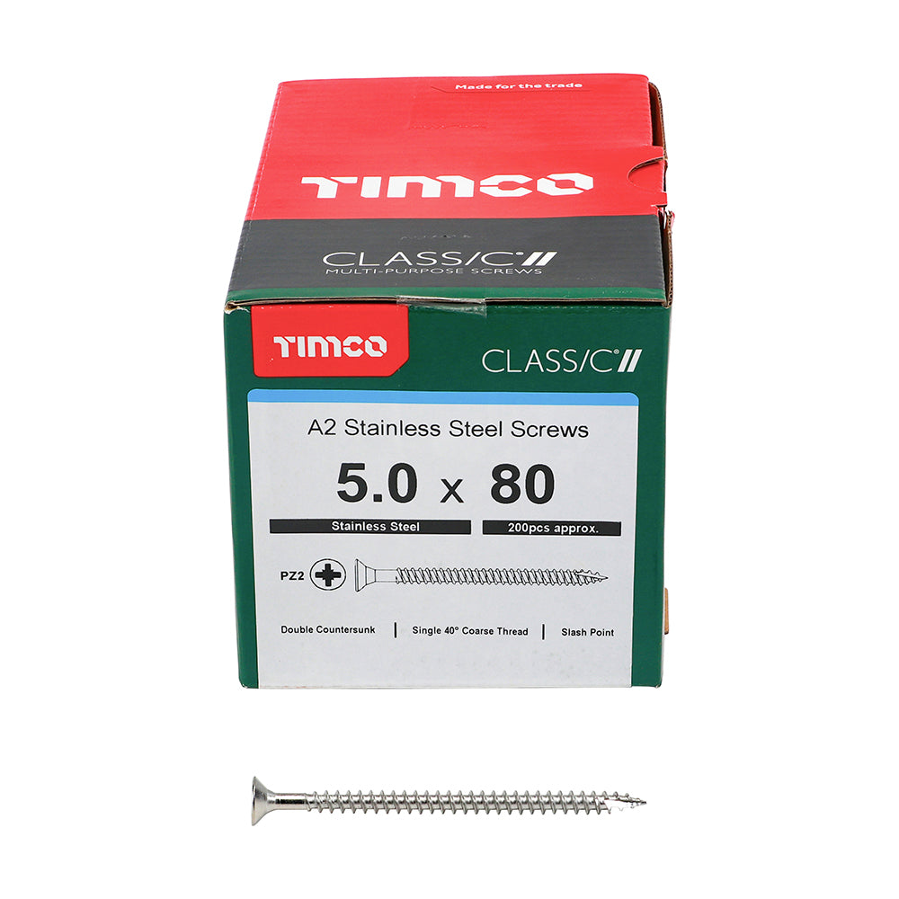 This is an image of Timco - Classic Multi-Purpose Screws - PZ - Double Countersunk - A2 Stainless Steel 5.0 x 80mm - (200 PCS Box) 50080CLASS