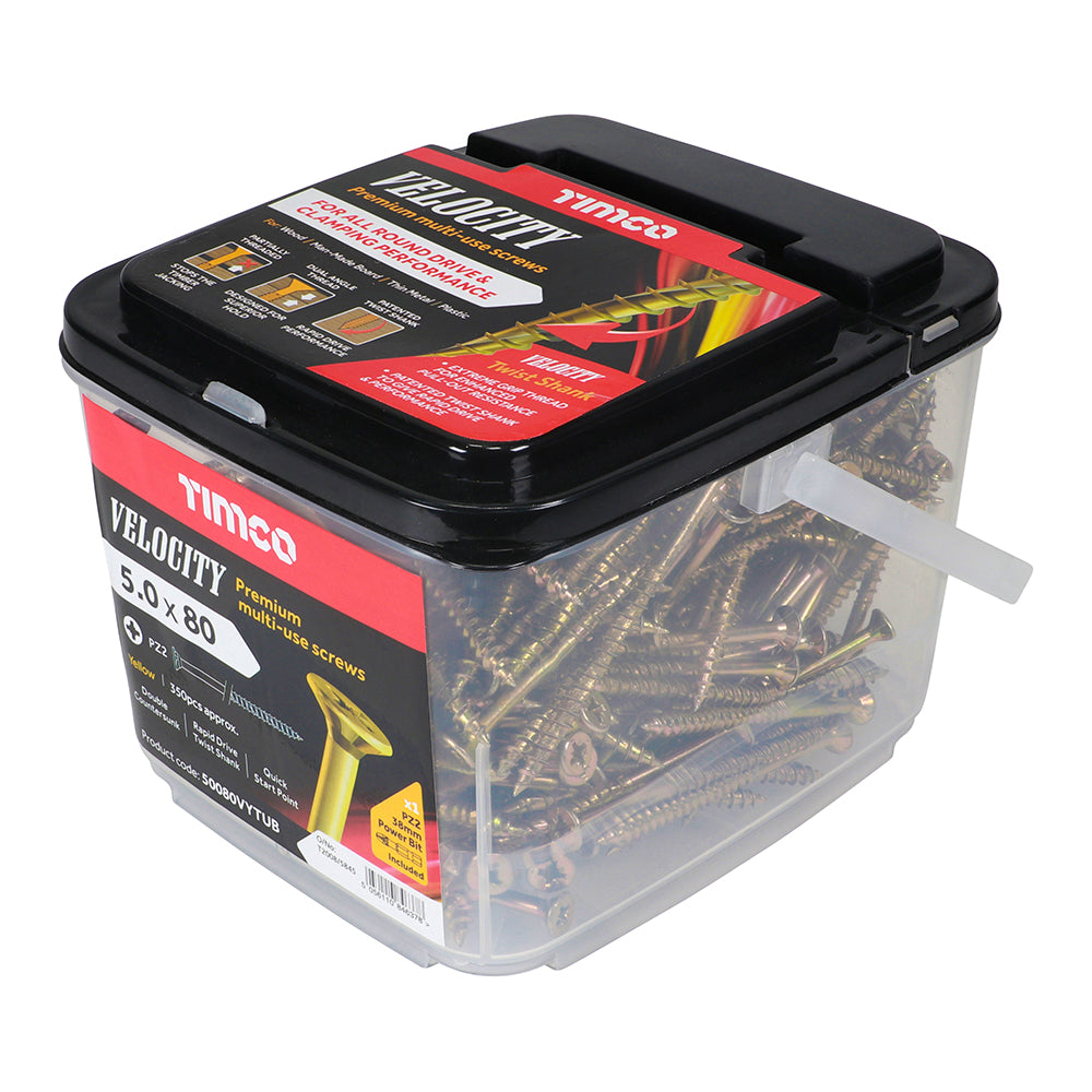This is an image of Timco - Velocity Premium Multi-Use Screws - PZ - Double Countersunk - Yellow 5.0 x 80mm - (350 PCS Tub) 50080VYTUB