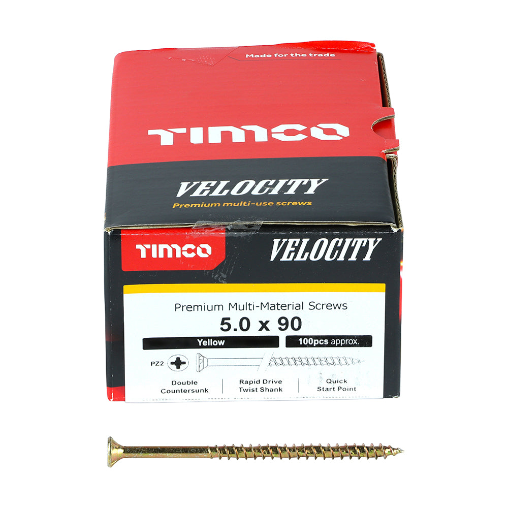 This is an image of Timco - Velocity Premium Multi-Use Screws - PZ - Double Countersunk - Yellow 5.0 x 90mm - (100 PCS Box) 50090VY