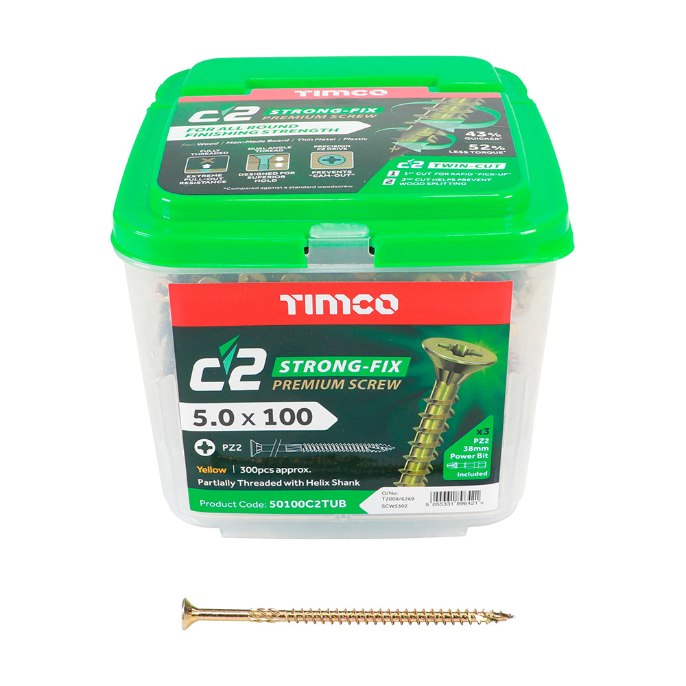 This is an image of Timco - C2 Strong-Fix Screws - PZ - Double Countersunk - Twin-Cut - Yellow 5.0 x 100mm - (300 PCS Tub) 50100C2TUB