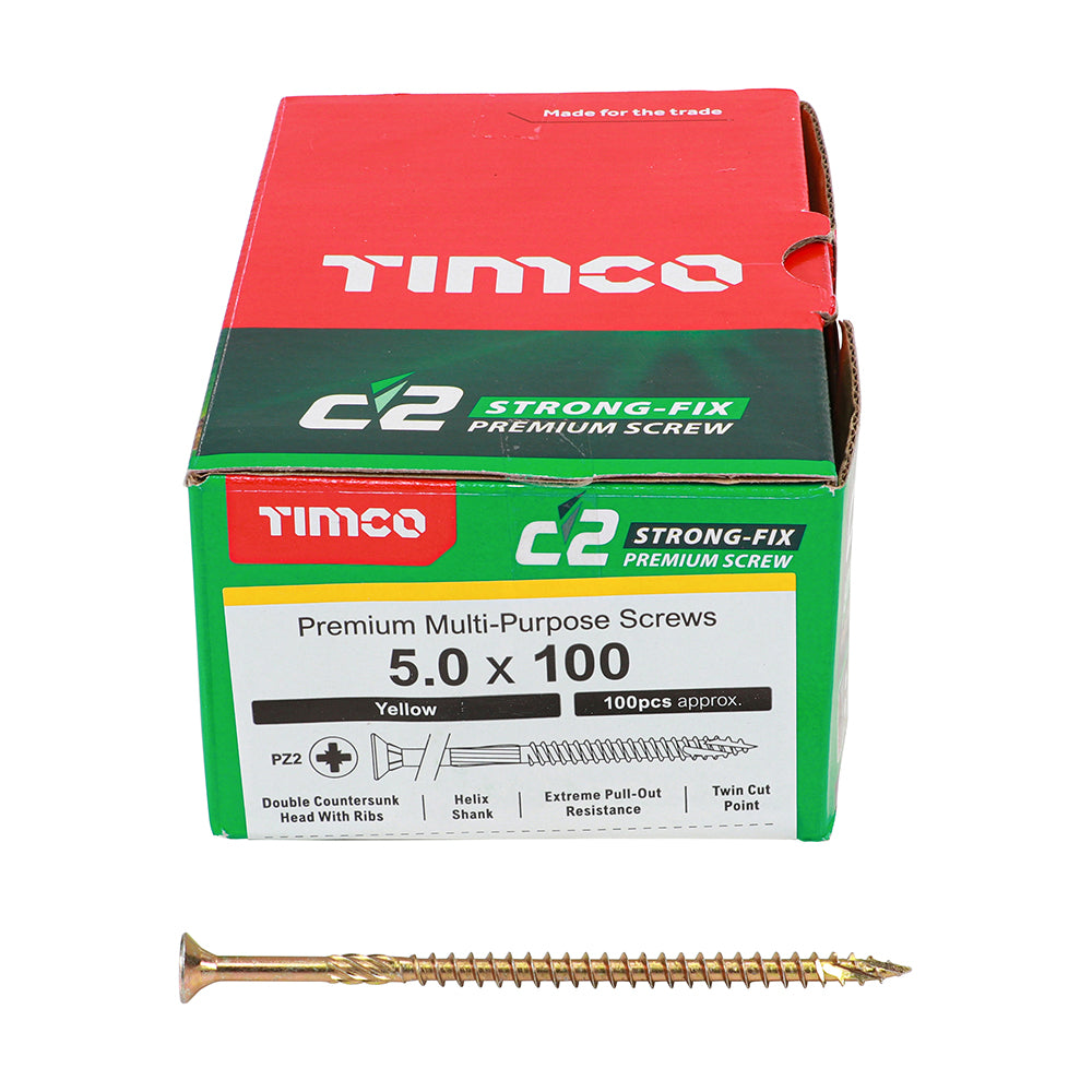 This is an image of Timco - C2 Strong-Fix Screws - PZ - Double Countersunk - Twin-Cut - Yellow 5.0 x 100mm - (100 PCS Box) 50100C2
