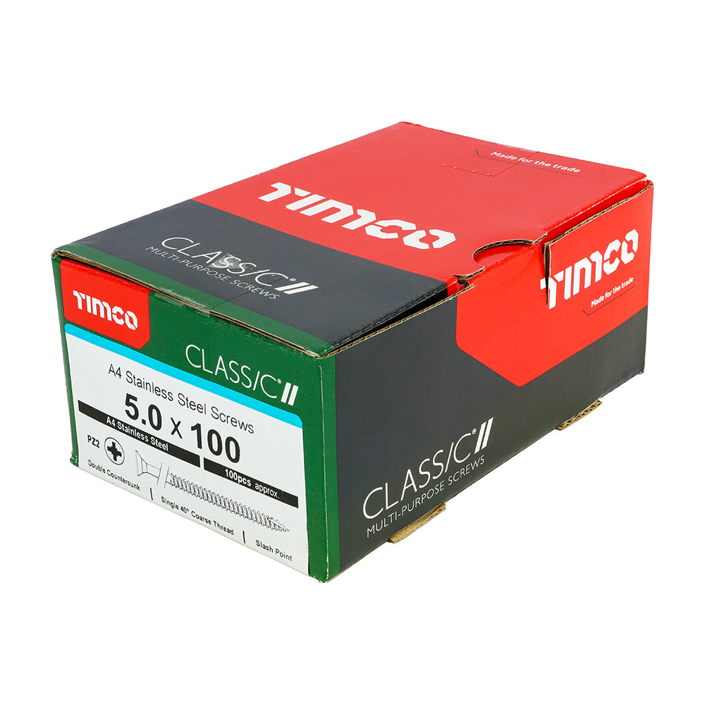 This is an image of Timco - Classic Multi-Purpose Screws - PZ - Double Countersunk - A4 Stainless Steel 5.0 x 100mm - (100 PCS Box) 50100CLA4