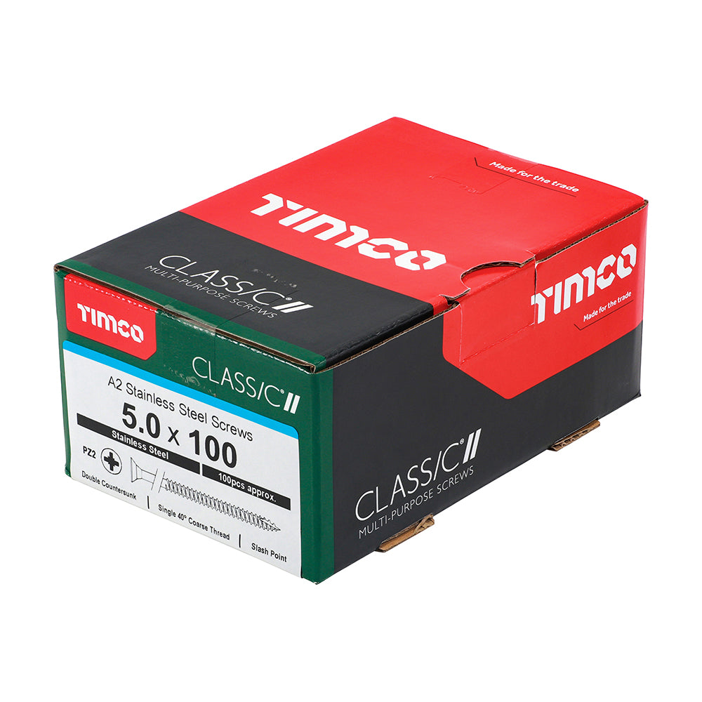 This is an image of Timco - Classic Multi-Purpose Screws - PZ - Double Countersunk - A2 Stainless Steel 5.0 x 100mm - (100 PCS Box) 50100CLASS
