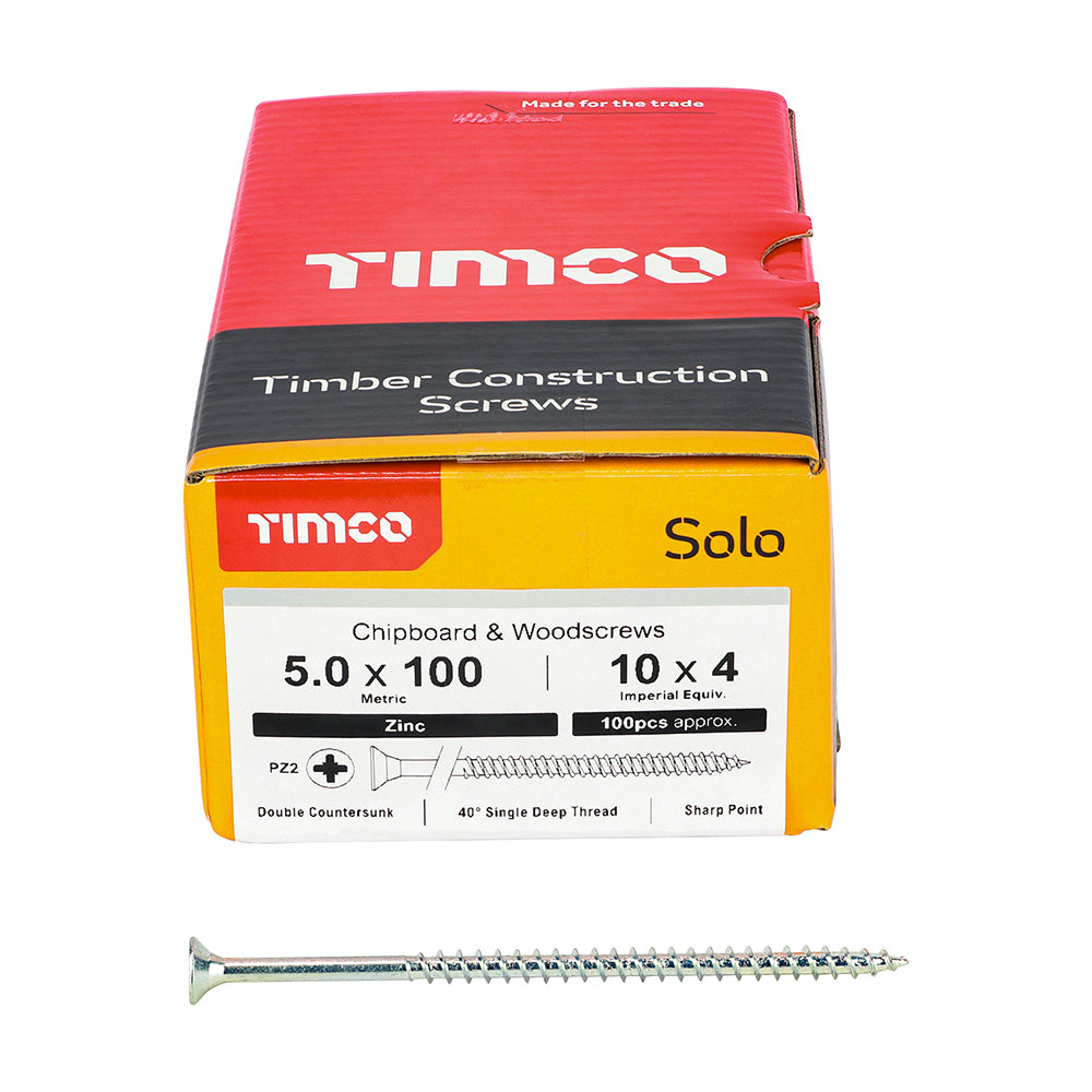 This is an image of Timco - Solo Chipboard & Woodscrews - PZ - Double Countersunk - Zinc 5.0 x 100mm - (100 PCS Box) 50100SOLOZ