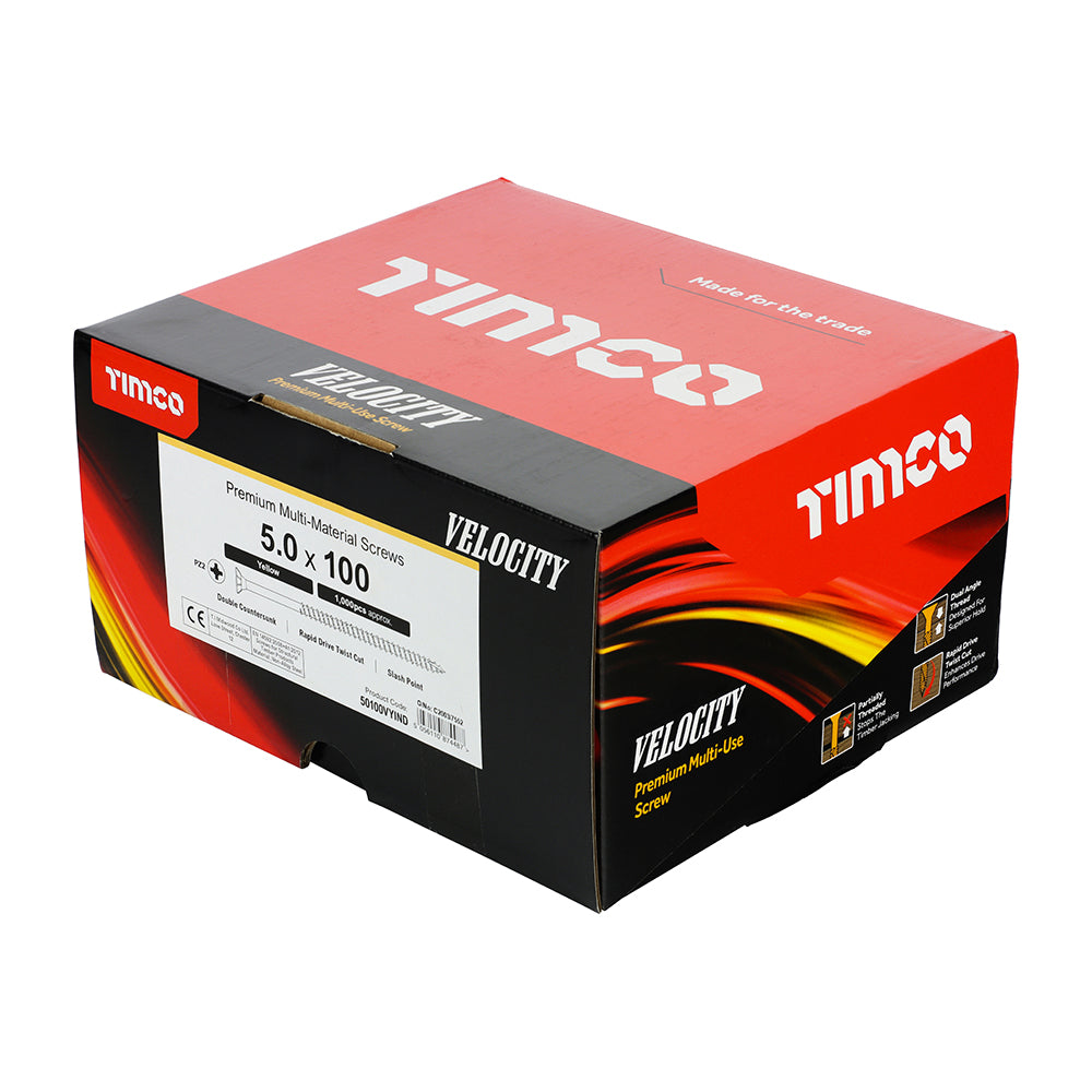 This is an image of Timco - Velocity Premium Multi-Use Screws - PZ - Double Countersunk - Yellow 5.0 x 100mm - (1000 PCS Box) 50100VYIND