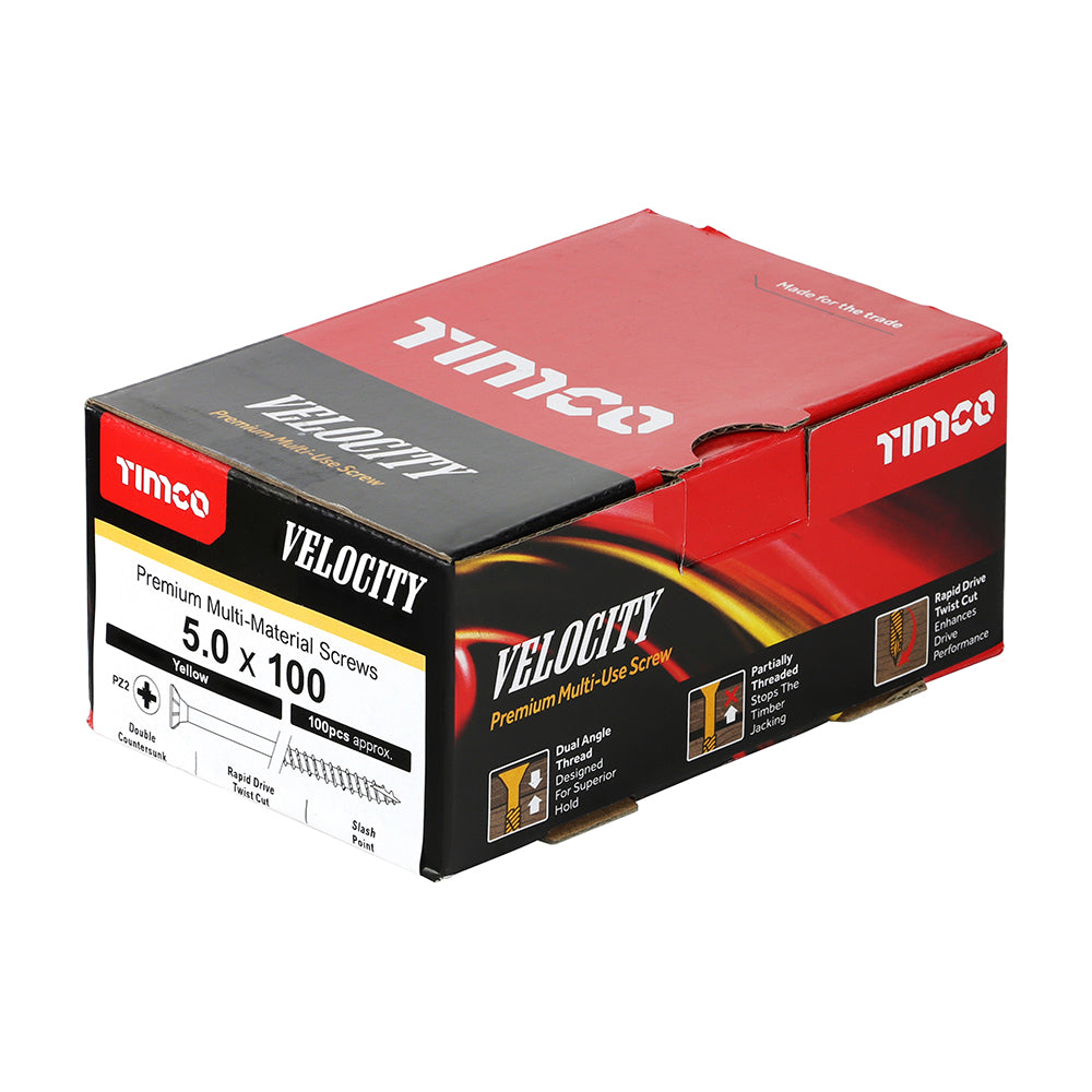 This is an image of Timco - Velocity Premium Multi-Use Screws - PZ - Double Countersunk - Yellow 5.0 x 100mm - (100 PCS Box) 50100VY