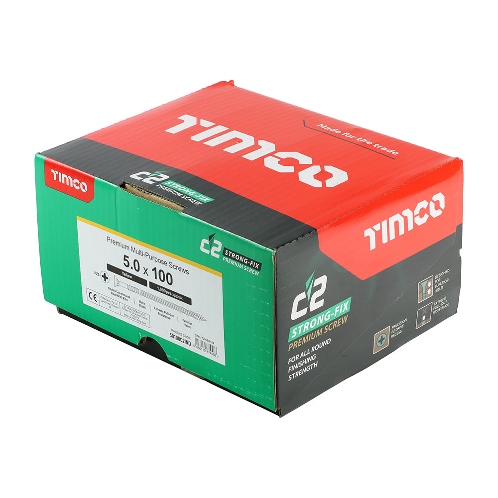 This is an image of Timco - C2 Strong-Fix Screws - PZ - Double Countersunk - Twin-Cut - Yellow 5.0 x 100mm - (1000 PCS Box) 50100C2IND