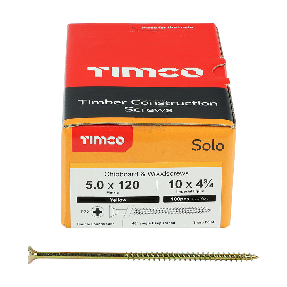 This is an image of Timco - Solo Chipboard & Woodscrews - PZ - Double Countersunk - Yellow 5.0 x 120mm - (100 PCS Box) 50120SOLOC