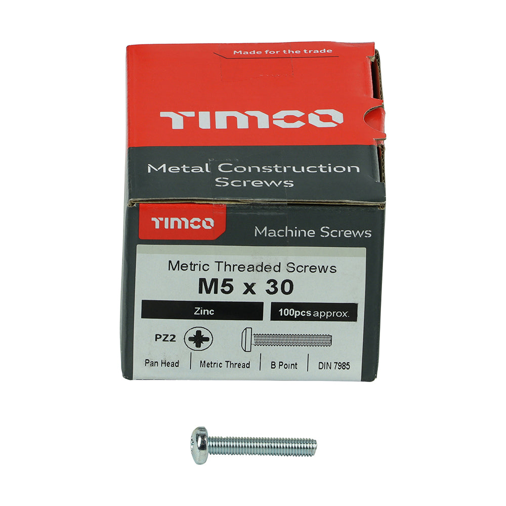 This is an image of Timco - Metric Threaded Machine Screws - PZ - Pan Head - Zinc M5 x 30mm - (100 PCS Box) 5030PPM