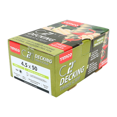 This is an image of Timco - C2 Deck-Fix Screws - TX - Countersunk with Ribs - Twin-Cut - Green 4.5 x 50mm - (250 PCS Box) 50C2D250BX