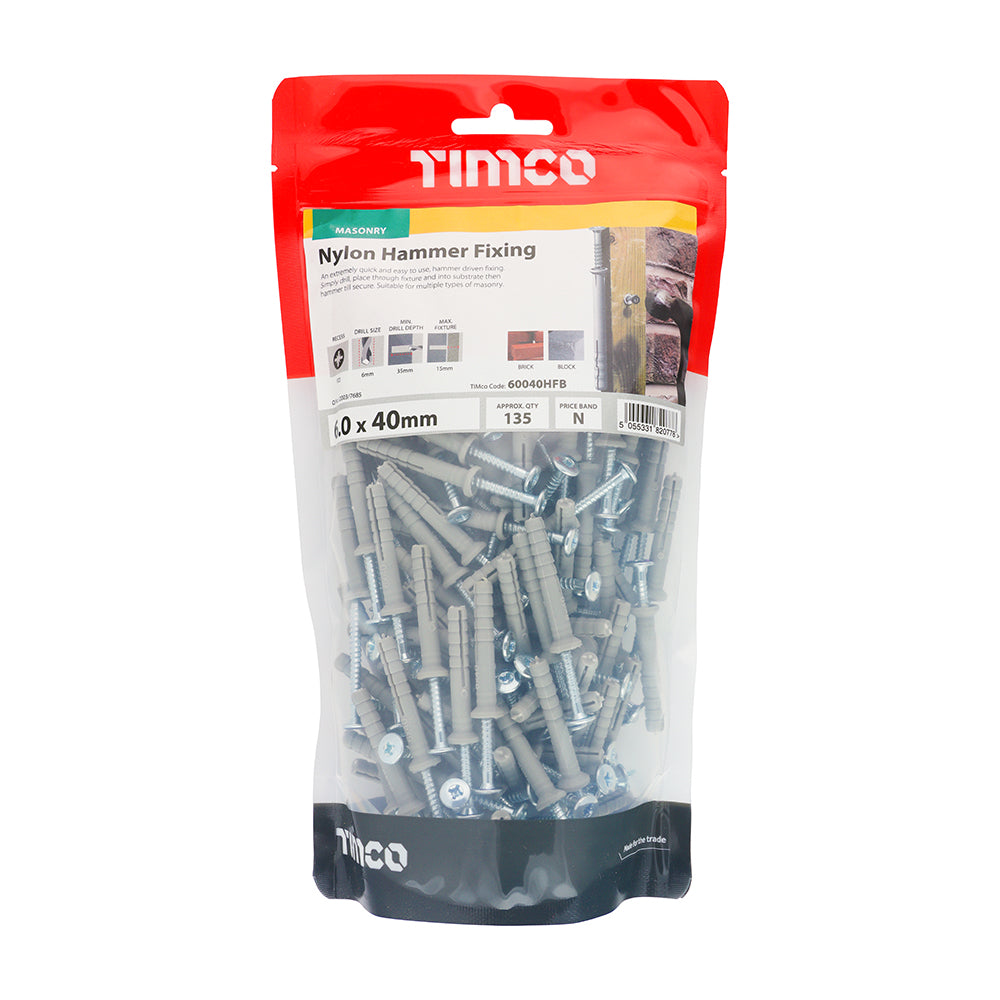 This is an image of Timco - Nylon Hammer Fixings - PZ - Zinc 6.0 x 40mm - (135 PCS TIMbag) 60040HFB