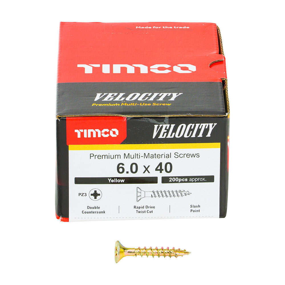 This is an image of Timco - Velocity Premium Multi-Use Screws - PZ - Double Countersunk - Yellow 6.0 x 40mm - (200 PCS Box) 60040VY