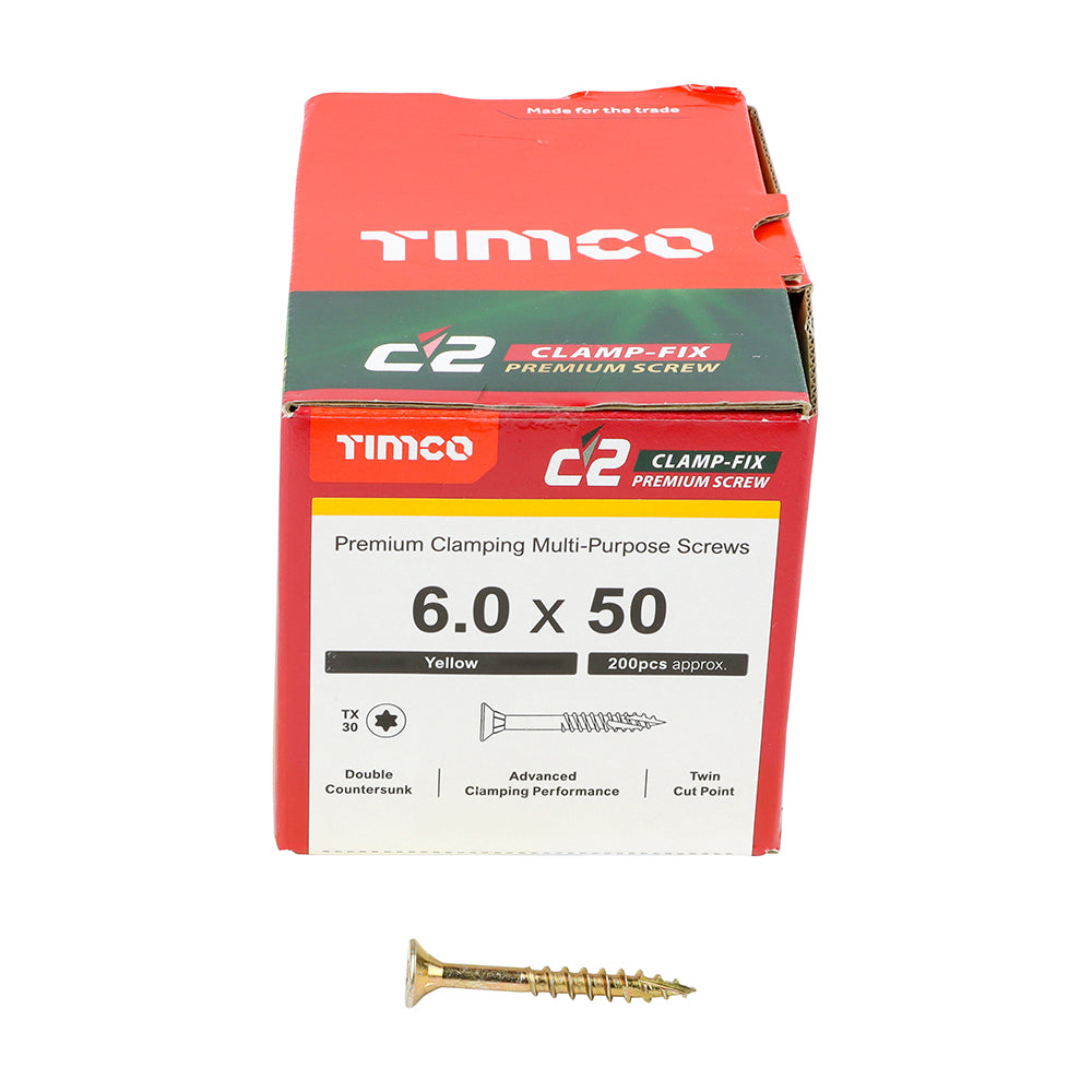This is an image of Timco - C2 Clamp-Fix Screws - TX - Double Countersunk with Ribs - Twin-Cut - Yellow 6.0 x 50mm - (200 PCS Box) 60050C2C