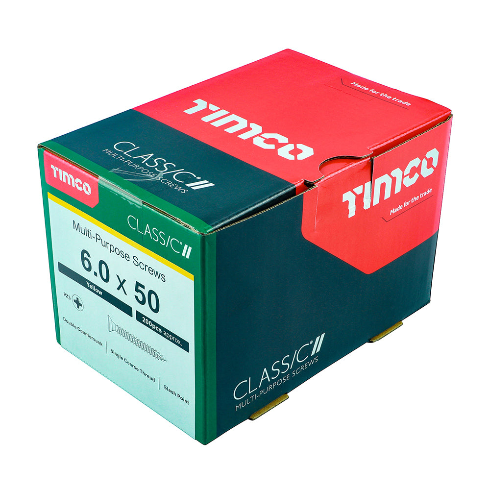 This is an image of Timco - Classic Multi-Purpose Screws - PZ - Double Countersunk - Yellow 6.0 x 50mm - (200 PCS Box) 60050CLAF