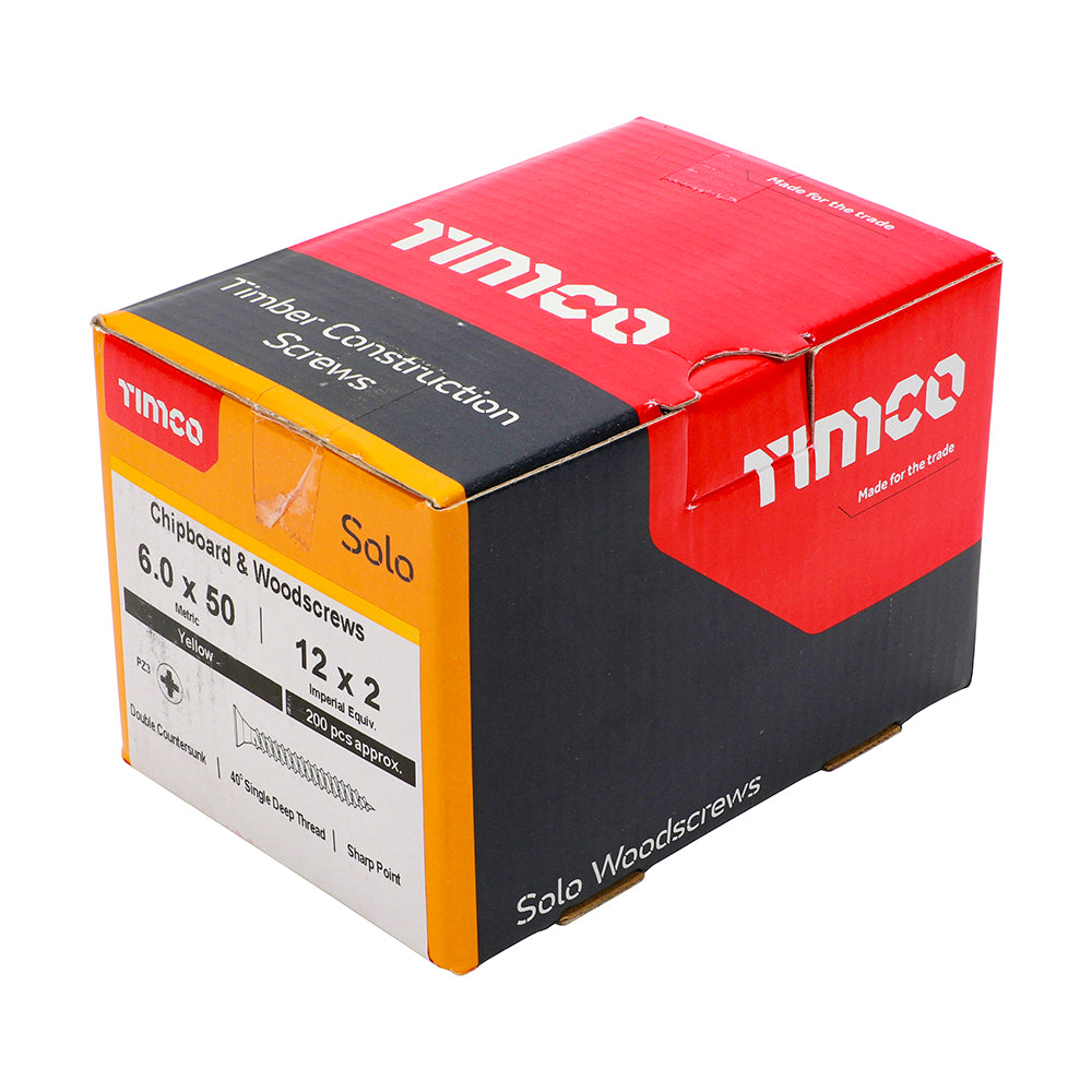 This is an image of Timco - Solo Chipboard & Woodscrews - PZ - Double Countersunk - Yellow 6.0 x 50mm - (200 PCS Box) 60050SOLOC