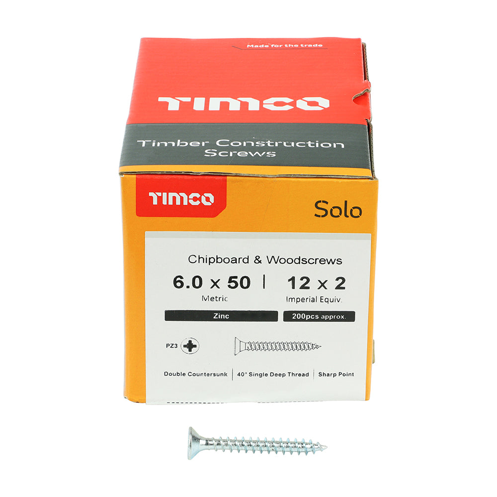 This is an image of Timco - Solo Chipboard & Woodscrews - PZ - Double Countersunk - Zinc 6.0 x 50mm - (200 PCS Box) 60050SOLOZ