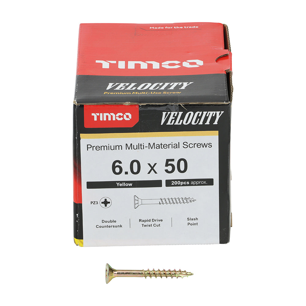 This is an image of Timco - Velocity Premium Multi-Use Screws - PZ - Double Countersunk - Yellow 6.0 x 50mm - (200 PCS Box) 60050VY