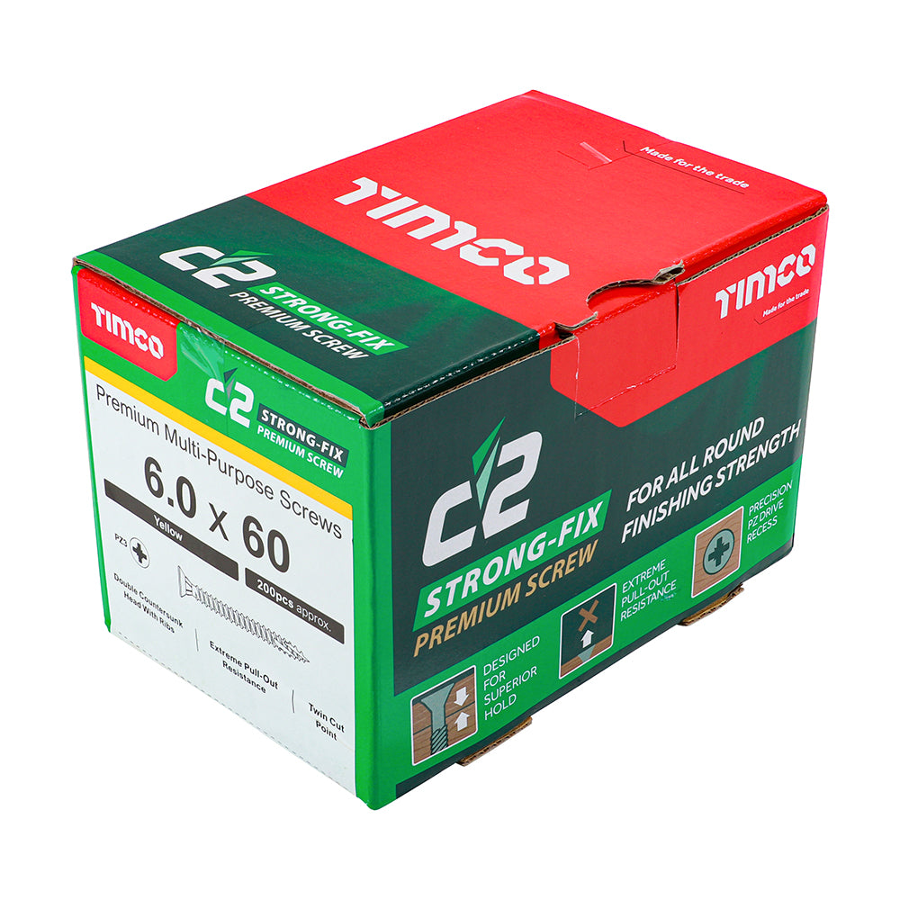 This is an image of Timco - C2 Strong-Fix Screws - PZ - Double Countersunk - Twin-Cut - Yellow 6.0 x 60mm - (200 PCS Box) 60060C2