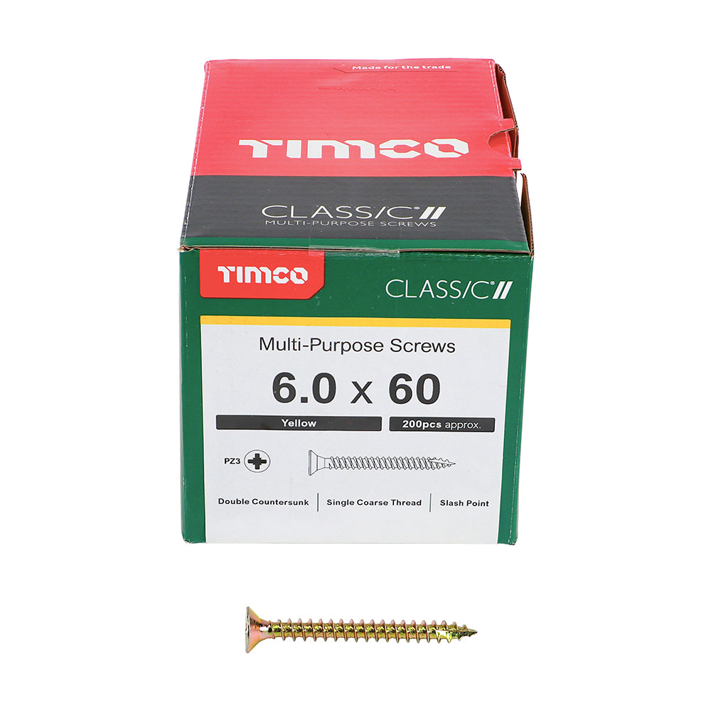 This is an image of Timco - Classic Multi-Purpose Screws - PZ - Double Countersunk - Yellow 6.0 x 60mm - (200 PCS Box) 60060CLAF