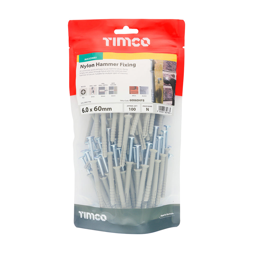 This is an image of Timco - Nylon Hammer Fixings - PZ - Zinc 6.0 x 60mm - (100 PCS TIMbag) 60060HFB