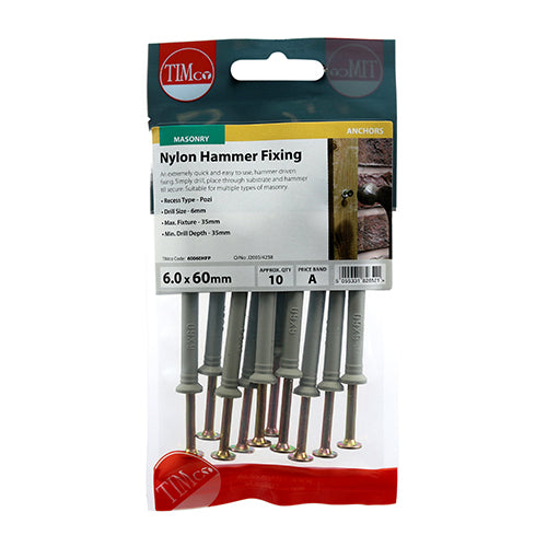 This is an image of Timco - Nylon Hammer Fixings - PZ - Zinc 6.0 x 60mm - (10 PCS TIMpac) 60060HFP