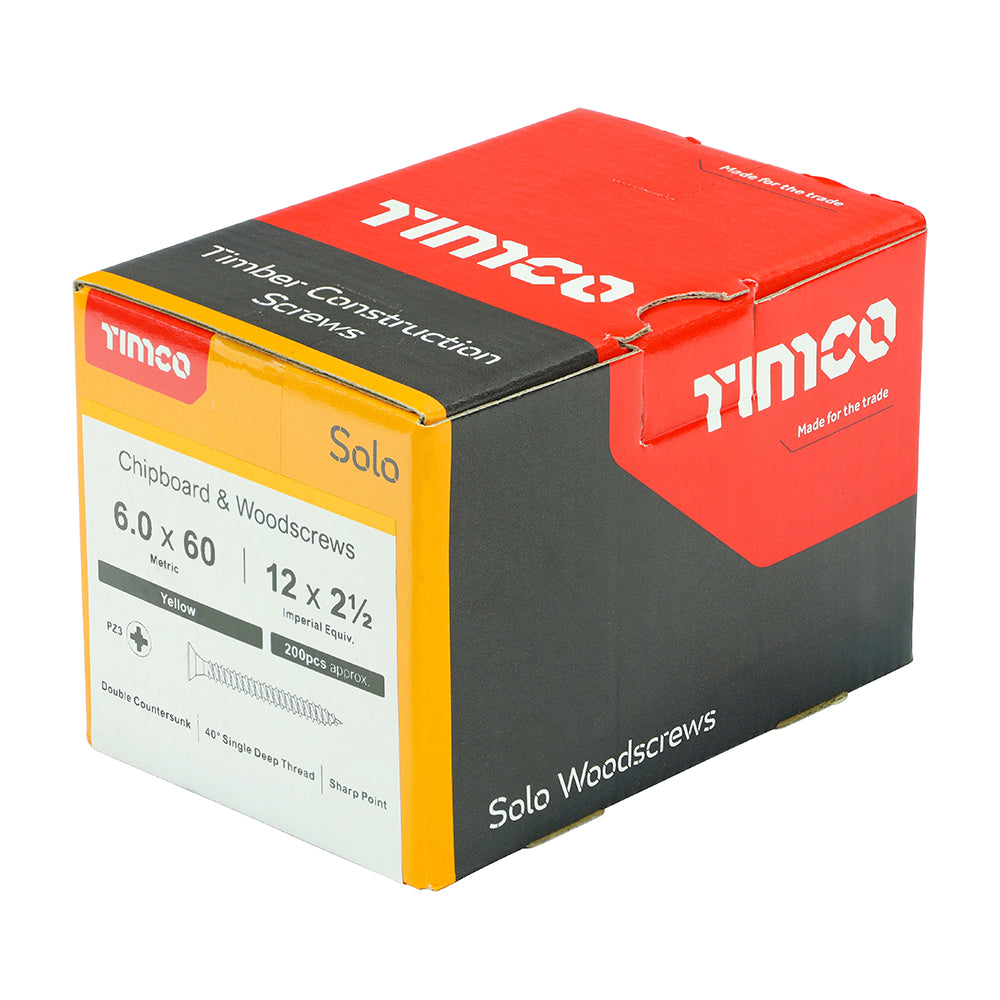 This is an image of Timco - Solo Chipboard & Woodscrews - PZ - Double Countersunk - Yellow 6.0 x 60mm - (200 PCS Box) 60060SOLOC