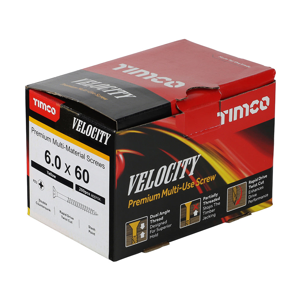 This is an image of Timco - Velocity Premium Multi-Use Screws - PZ - Double Countersunk - Yellow 6.0 x 60mm - (200 PCS Box) 60060VY