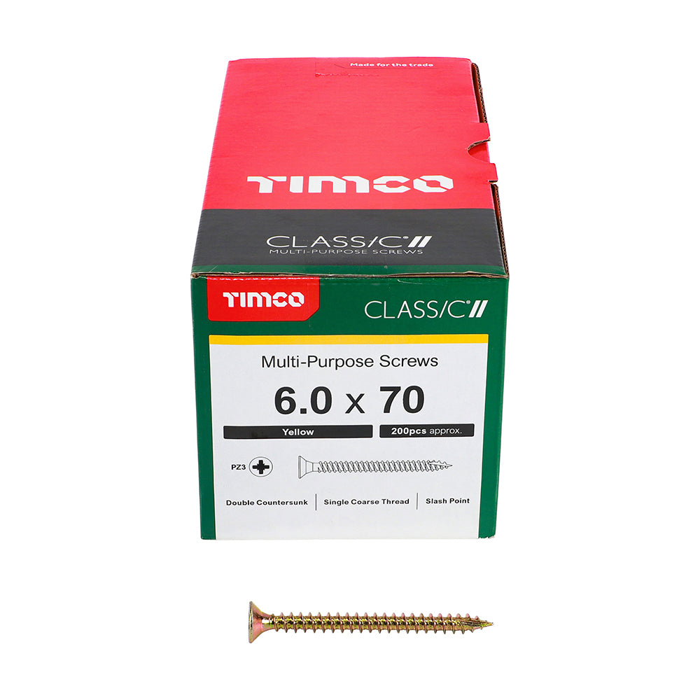 This is an image of Timco - Classic Multi-Purpose Screws - PZ - Double Countersunk - Yellow 6.0 x 70mm - (200 PCS Box) 60070CLAF