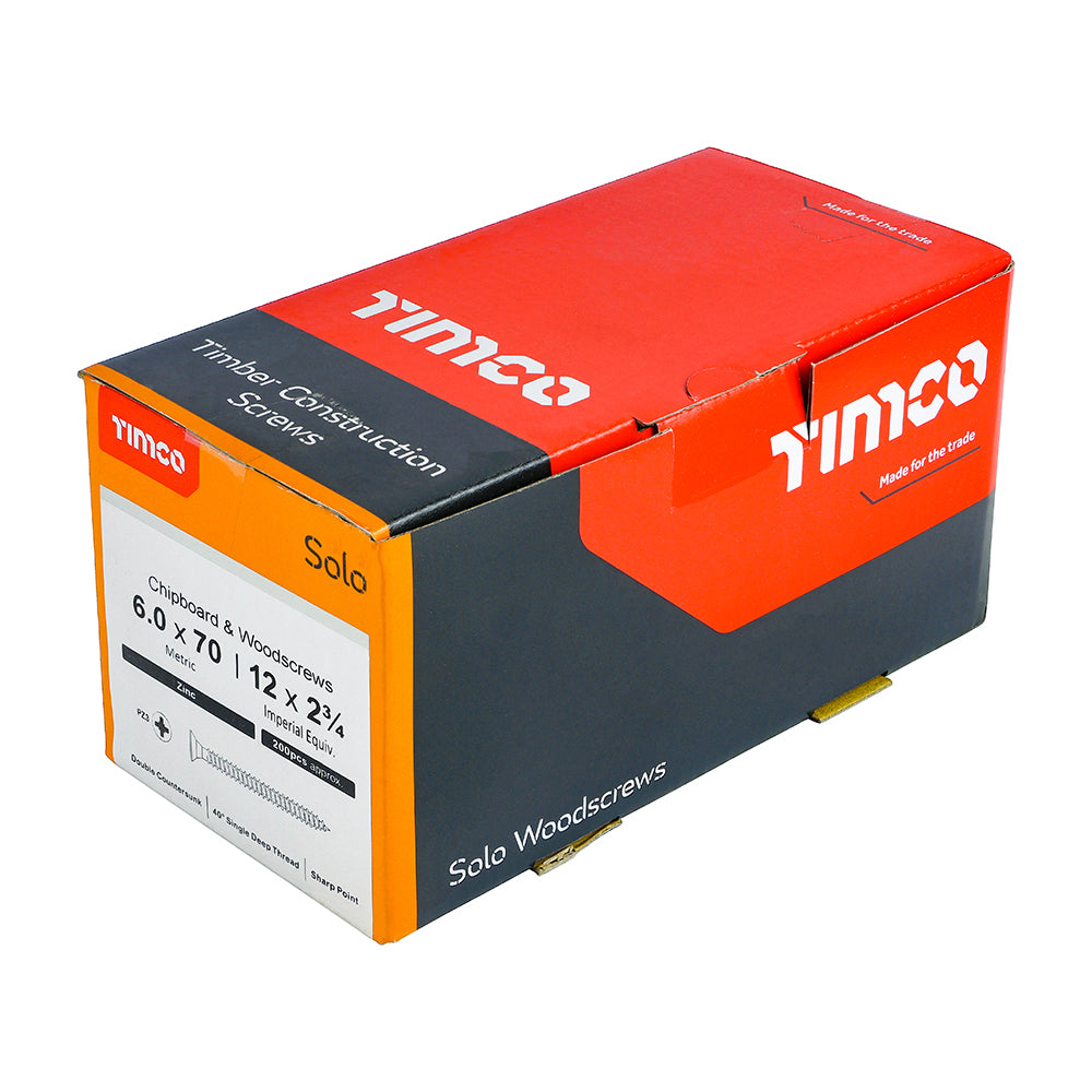 This is an image of Timco - Solo Chipboard & Woodscrews - PZ - Double Countersunk - Zinc 6.0 x 70mm - (200 PCS Box) 60070SOLOZ