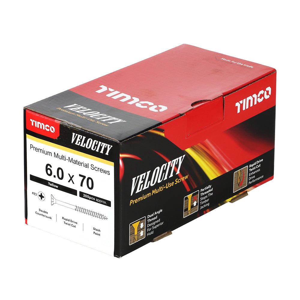 This is an image of Timco - Velocity Premium Multi-Use Screws - PZ - Double Countersunk - Yellow 6.0 x 70mm - (200 PCS Box) 60070VY