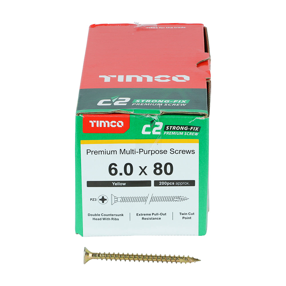 This is an image of Timco - C2 Strong-Fix Screws - PZ - Double Countersunk - Twin-Cut - Yellow 6.0 x 80mm - (200 PCS Box) 60080C2