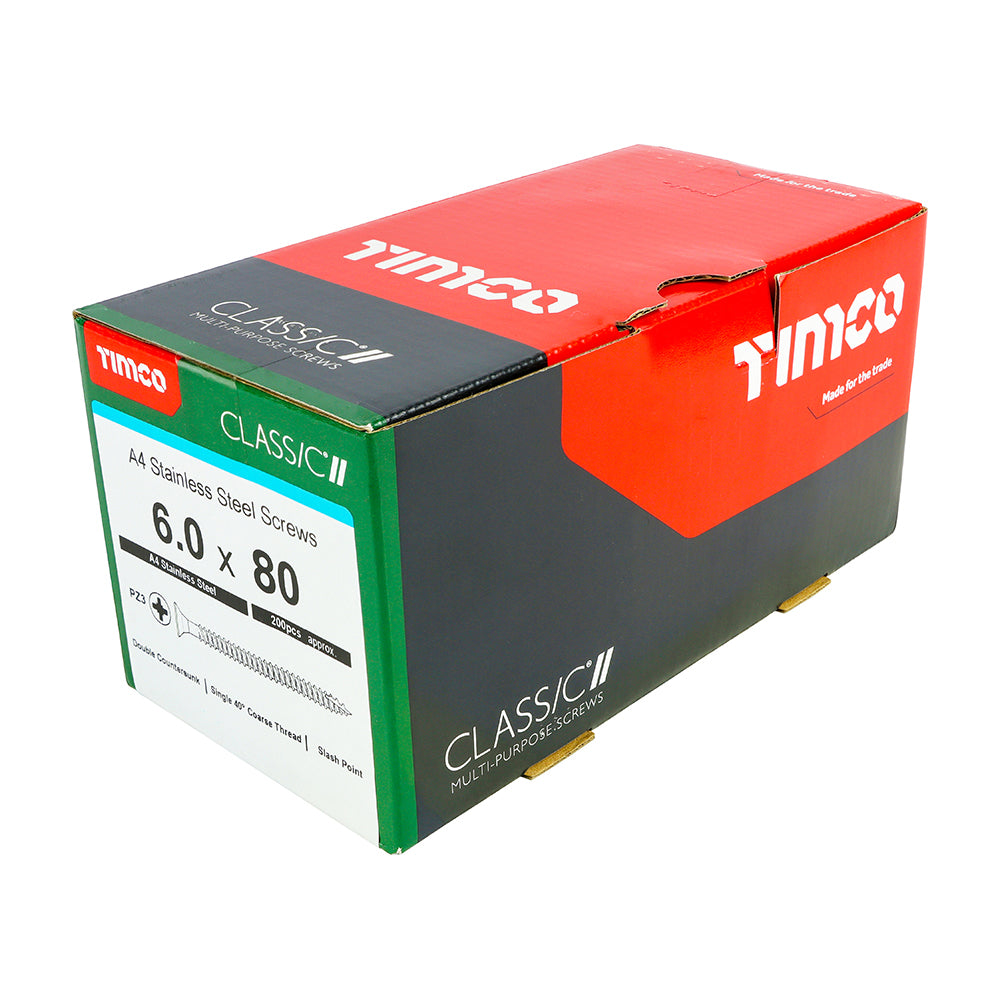 This is an image of Timco - Classic Multi-Purpose Screws - PZ - Double Countersunk - A4 Stainless Steel 6.0 x 80mm - (200 PCS Box) 60080CLA4