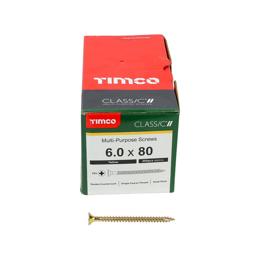 This is an image of Timco - Classic Multi-Purpose Screws - PZ - Double Countersunk - Yellow 6.0 x 80mm - (200 PCS Box) 60080CLAF
