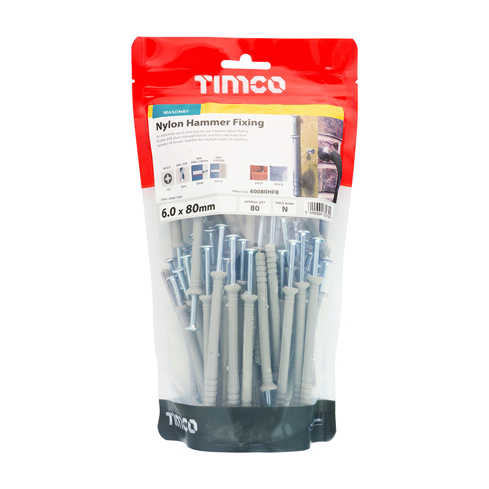 This is an image of Timco - Nylon Hammer Fixings - PZ - Zinc 6.0 x 80mm - (80 PCS TIMbag) 60080HFB