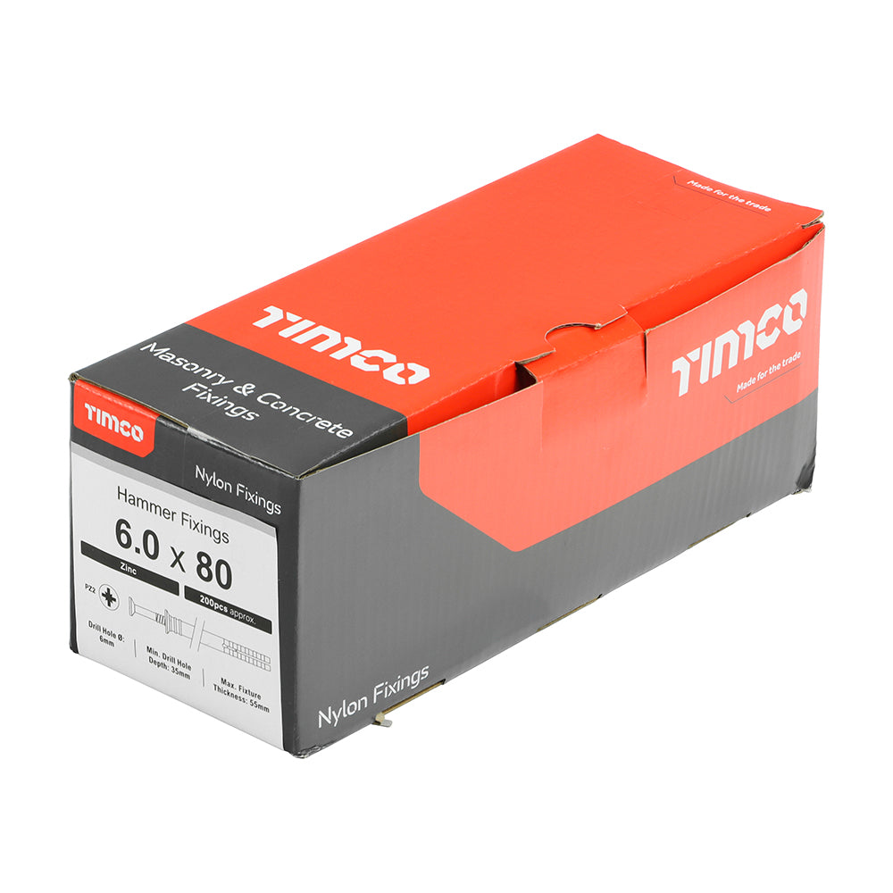 This is an image of Timco - Nylon Hammer Fixing - PZ - Zinc 6.0 x 80mm - (200 PCS Box) 60080HF