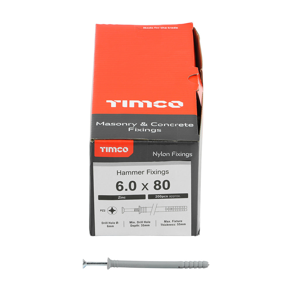 This is an image of Timco - Nylon Hammer Fixing - PZ - Zinc 6.0 x 80mm - (200 PCS Box) 60080HF